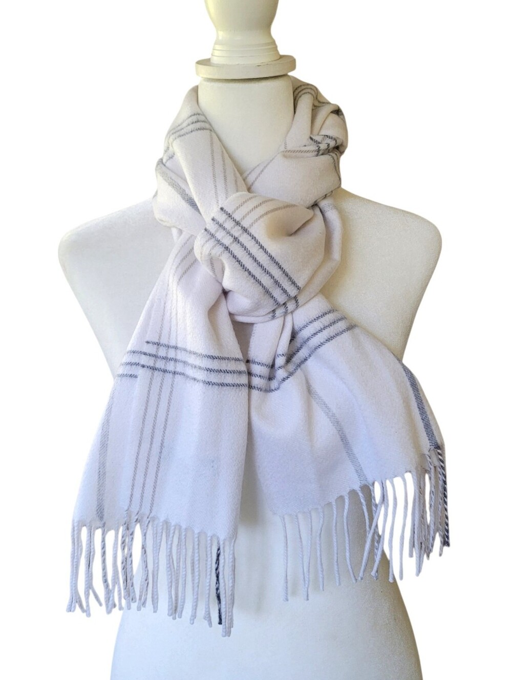 Saks Fifth Avenue 100% Cashmere Windowpane Plaid Fringe Scarf Cream Striped